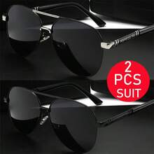 Modern Metal Frame Sunglasses, 2-Piece Set: Red & Black And All Black. Durable Metal Texture, Neutral Everyday Versatility. Casual Fashion Gift. - Grey - View 16