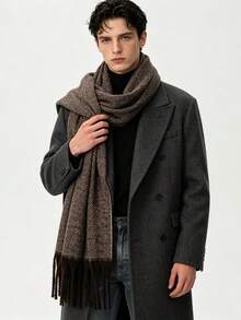Low-Key Premium Solid Color Men's Long Fur Scarf, Thick Soft Fabric, Intellectual Style Daily Wear Warm Neck Warmer, Oversized Wide Shawl - Coffee and Cream - View 4
