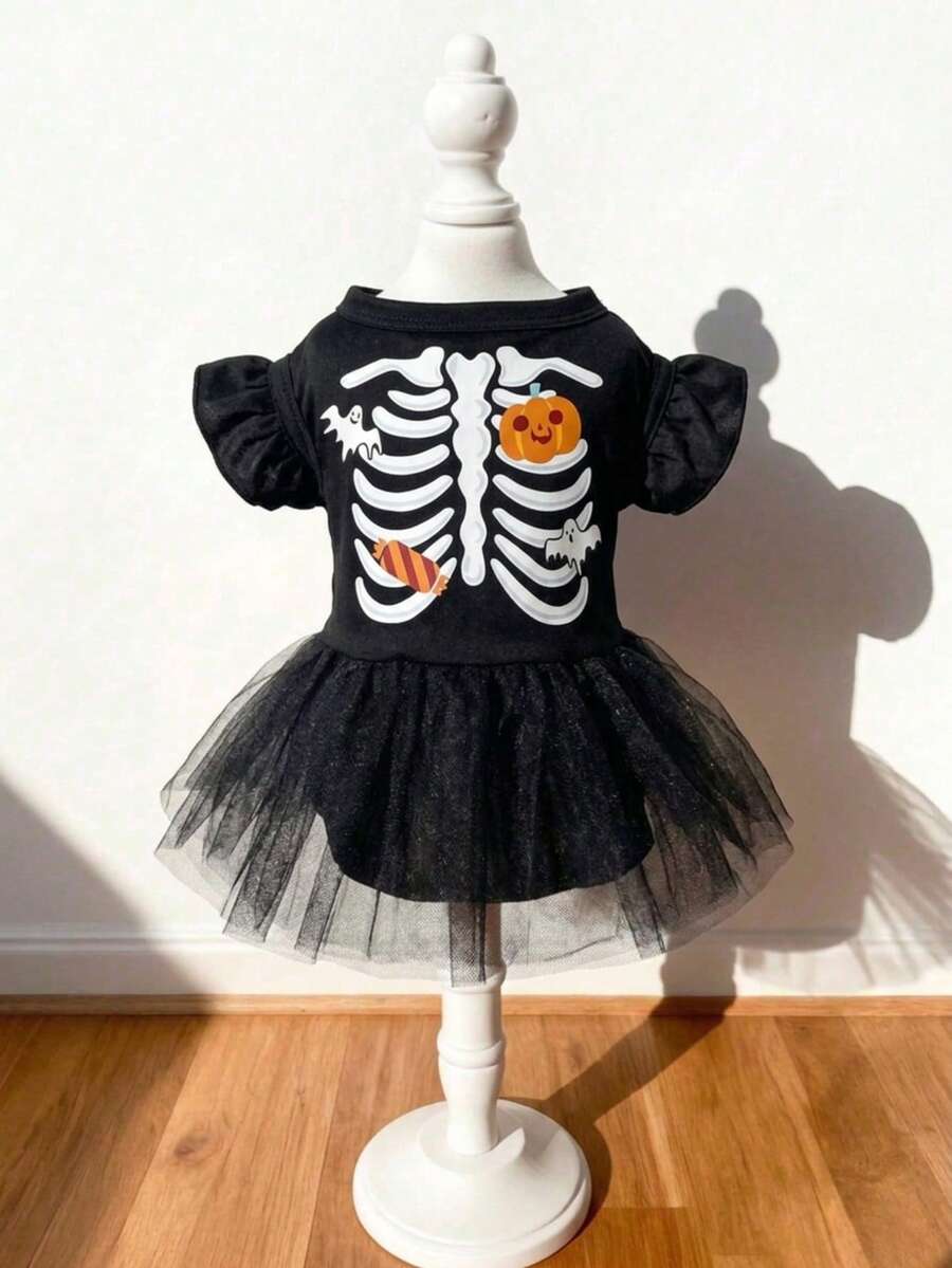 LUCKIE PAW 1pc Halloween Pumpkin Skull Pattern Flutter Sleeve Cute Princess Style Tulle Dress Suitable For Chihuahua Small Dogs Wedding Season Pet Clothes Applicable For Cats And Dogs Indoor And Outdoor - Multicolor - View 1