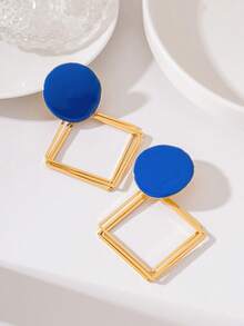 1 paire de boucles d'oreilles pendantes longues personnalisées minimalistes en émail bleu rond avec losange métallique creux géométrique multicouche, convient pour le port quotidien des femmes, petit cadeau pour les amies - Bleu azur - Voir 4