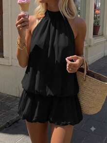 Mono Corto Elegante de Cuello Halter para Mujer, Color Negro Sólido Sin Mangas Estilo Casual Verano - Negro - Ver 1