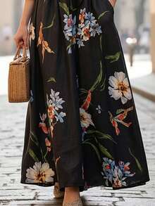Floral Print Vintage Elegant Woven Fabric Belted Dress For Evening Date Holiday School Vacation Daily Garden Spring Autumn Winter - Black - View 4