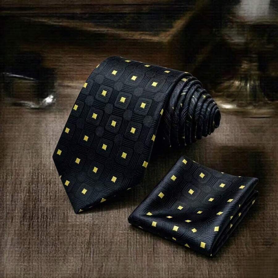 1 Set Fashionable High-End Tie & Pocket Square 2pcs Set Suitable For Business Casual Travel Wedding Banquet - Black and Yellow Plaid - View 1