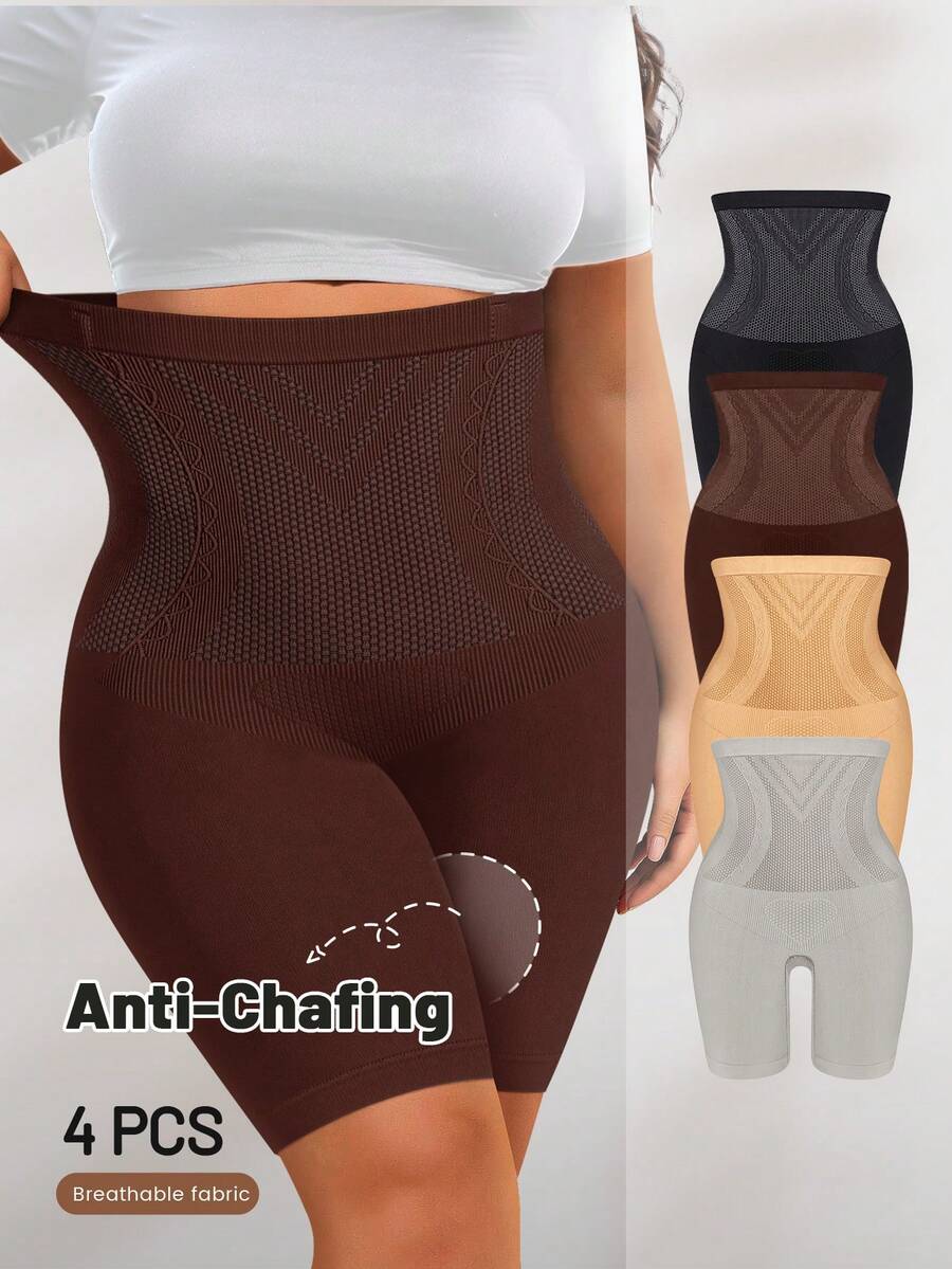 4pcs Women Plus Size Seamless High Waist Shaping Leggings, Tummy Control Slimming Anti-Chafing Daily Wear