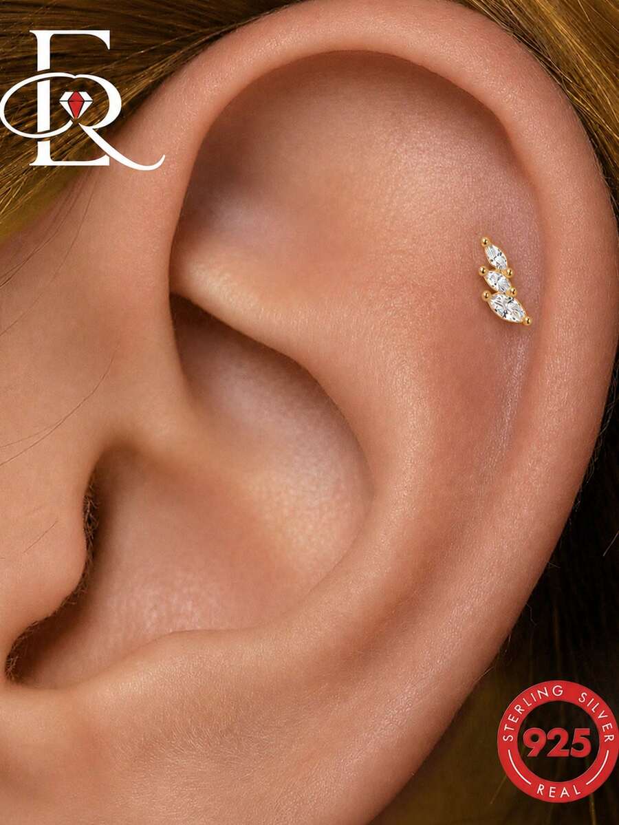 EleRunis 1件 925純銀馬眼形平背軟骨螺旋穿耳耳環,精緻飾品,適合日常配戴、婚禮派對、情人節 - 金色 - 查看 1