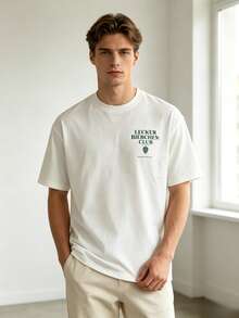 Una camiseta de hombre con doble estampado, elegante y casual, con cuello redondo. - Blanco - Ver 5