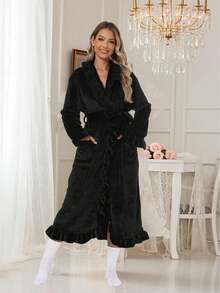 1pc Women Super Soft Ruffle Hem Ankle Length Thick Fleece Robe, Ruffle Hem Fashion Robe With Side Pockets, Warm Long Bathrobe, Plush SPA Robe, Loungewear - Multicolor - View 4