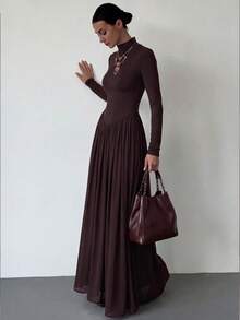 Women's Solid Color Knit Long Sleeve Patchwork Chiffon A-Line Sexy Elegant Vacation Autumn/Winter Dress - Brown - View 4