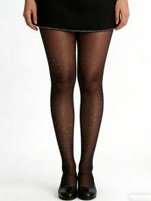 1pc Halloween Rhinestone Dot Design Black Tights, Ultra-Thin High Elasticity Sheer Pantyhose, Can Be Paired With Pointed Toe Stiletto High Heels, Suitable For Night Out, Theme Party And Halloween Outfit - Multicolor - View 5