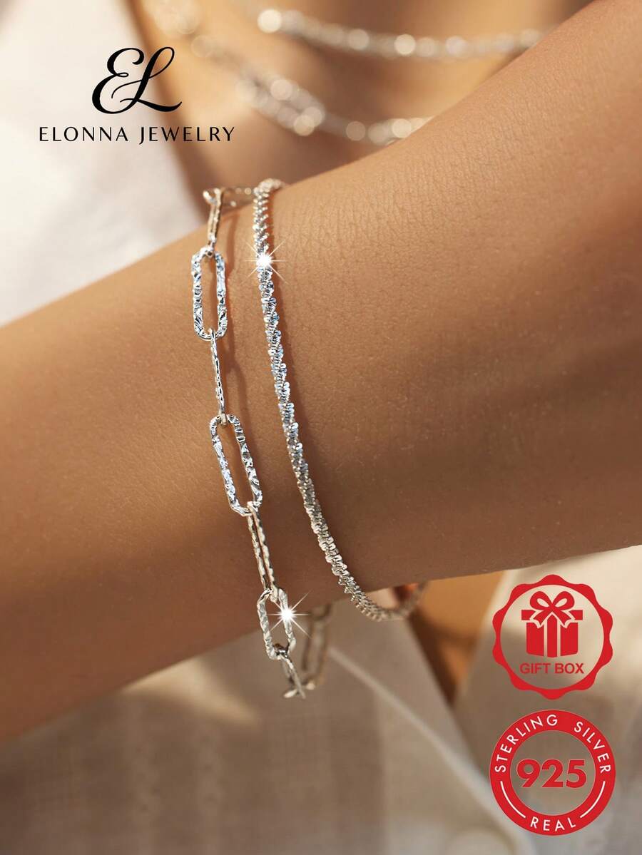 SYMFNY Women's 925 Sterling Silver Double Strand Bracelet, Unique Design, Shiny Bracelet, Birthday Gift For Best Friend - Silver - View 1
