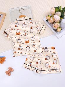Cute Cartoon Ghost & Pumpkin Print Striped Home Shorts Young Girl Halloween Outfit, Summer Girls Open Front Pajama 2 Pieces Set - Orange - View 2