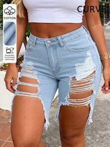 Women's Plus Size Washed Light Blue Denim Bermuda Shorts, Slim Straight Leg Fit, - Light Wash - View 5