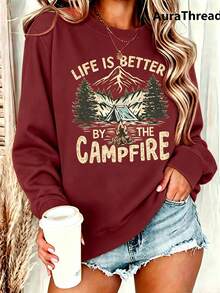 WomensCampGraphicSweaterLifeIsBetterByTheCampfireMountainAndPineTreeDesignWarmCrewNeckSweaterForAutumnWinterMediumElas - Chestnut 3 - View 1