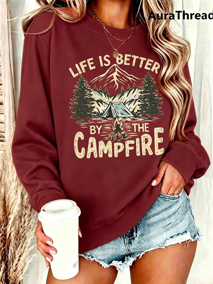 WomensCampGraphicSweaterLifeIsBetterByTheCampfireMountainAndPineTreeDesignWarmCrewNeckSweaterForAutumnWinterMediumElas - Chestnut 3 - View 1