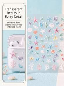 1 Set Macaron Sea Creature Decorative Stickers, Soft Macaron Color Palette Starfish Shell Coral Patterns, Delicate Embossed Texture, Freely Combinable, Adding Fresh And Soft Seaside Style To Your Personal Belongings - Shell Coral - View 1