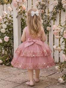 Baby Girls Sequin Mesh Bow Tutu Dress, Cute Flower Girl Dress For Party, Headband Not Included - Dusty Pink - View 6