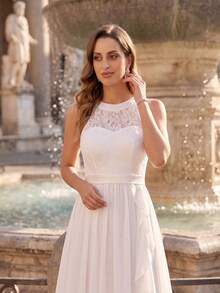 YUMIBRAVO Elegant Bridal Destination Wedding Gown, Chiffon Floor-Length White Dress, Suitable For Wedding Ceremony, Bridal Party, Beach Wedding - White - View 3