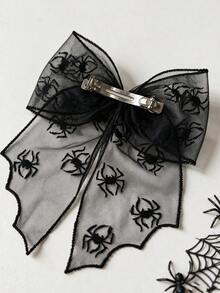 萬聖節大蝴蝶結髮夾，蕾絲刺繡蝙蝠蜘蛛網緞帶髮飾，女性哥德風派對化裝舞會髮飾 - 黑色 - 查看 4
