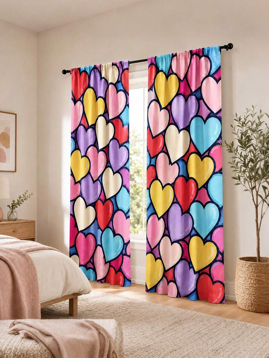 2Pcs Colorful Graffiti Heart Curtains, Contrast Color Multi-Color Heart Print, Art Style Living Room Bedroom Decor Curtains, Machine Washable - Multicolor - View 1
