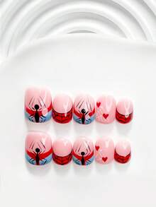 萬聖節主題 10 件組可愛風手工穿戴甲 Polygel 凝膠美甲套組，蜘蛛網與蜘蛛圖案，紅藍配色，甜酷風格，含美甲工具，3 種尺寸可選：方形、短方形、杏仁形，適合派對、跳舞、日常配戴 - 彩色 - 查看 2