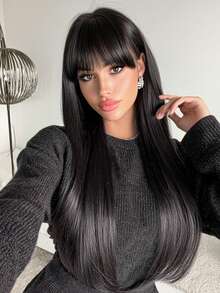NAMM 28Inch Extra Long Straight Black Wigs For Women Elegant Nature Looking Wigs With Full Bangs,High Density Fluffy Synthetic Heat Resistant Fiber Hair,For Beginners Glueless Daliy Party Use,Suitable For All Women - 黑色 - 查看 1