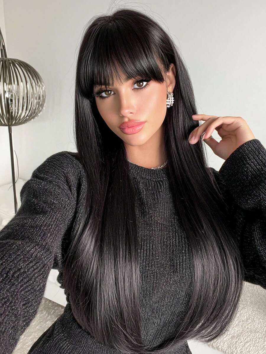 NAMM 28Inch Extra Long Straight Black Wigs For Women Elegant Nature Looking Wigs With Full Bangs,High Density Fluffy Synthetic Heat Resistant Fiber Hair,For Beginners Glueless Daliy Party Use,Suitable For All Women - 黑色 - 查看 1