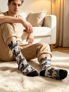 Custom Photo Printed Mid-Calf Socks, White Base With Black Toe Cap, Soft Elastic Knit Fabric, Personalized Photo Socks, Suitable For Family And Couples - Multicolor - View 4