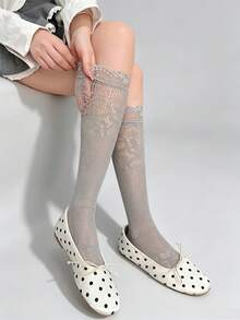 Lace Trim Mid-Calf Slouch Socks For Girls, Summer Thin Ice Silk Pearl Socks, Long Socks To Match Mary Jane Shoes - Multicolor - View 10