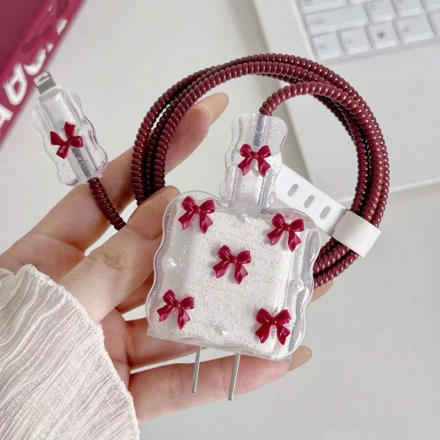 5pcs Burgundy Bow & Bead Design Phone Charger Protection Set 20W/18W, Charging Cable Protector, Charging Head Protective Case, Compatible With Apple For IPhone 13/16/15/14 Charger Protection Set