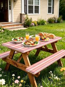 3 Pieces Picnic Tablecloth Set With Bench Cover, Elastic Edge Design, Striped Pattern, Washable Rectangular Tablecloth, Suitable For Wedding, Camping, Picnic, Garden Party And More, Practical Essential - B - View 6