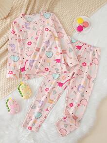 Young Girl 2pcs/Set Girls' Loungewear Long Sleeve Top And Pants Pajama Set, Thermal Lined Thick Style, Spring/Autumn/Winter, Versatile Base Layer, Fits 4-12 Years Old - Multicolor - View 3