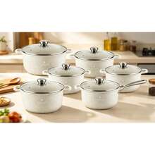 12-Piece Marble Pattern Aluminum Cookware Set With Glass Lids, Cream White Cooking Pot Set, Cream White - View 6