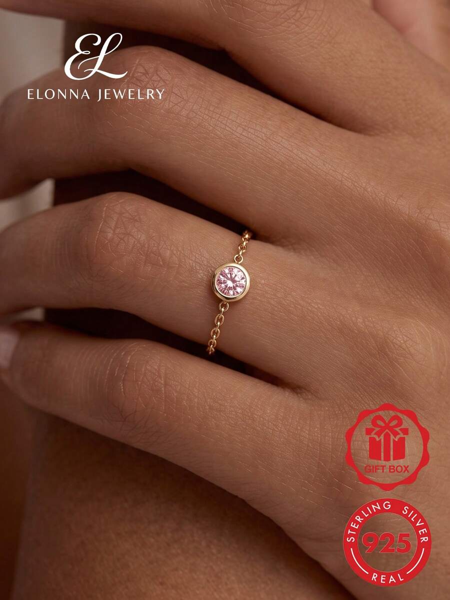 SYMFNY 925純銀極簡小鑲嵌軟鏈戒指,1件 - 粉色 - 查看 1