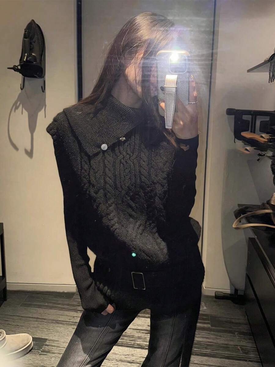 Asymmetrical Neckline Button Cable Knit Vest