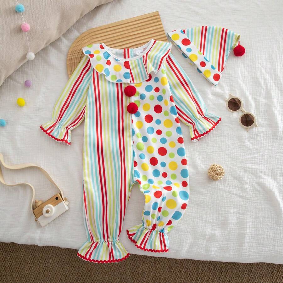 1pc Baby Girl Holiday Long Sleeve Peter Pan Collar Striped Polka Dot Print Jumpsuit Thin Spring Autumn With Hat - Multicolor - View 1