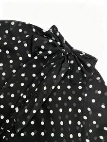 Women's Autumn Black Polka Dot Chiffon Ruched Blouse, Semi-High Neck, Back Bow, Long Sleeve, Commute Daily Elegant Blouse, Vacation Style - Black - View 5