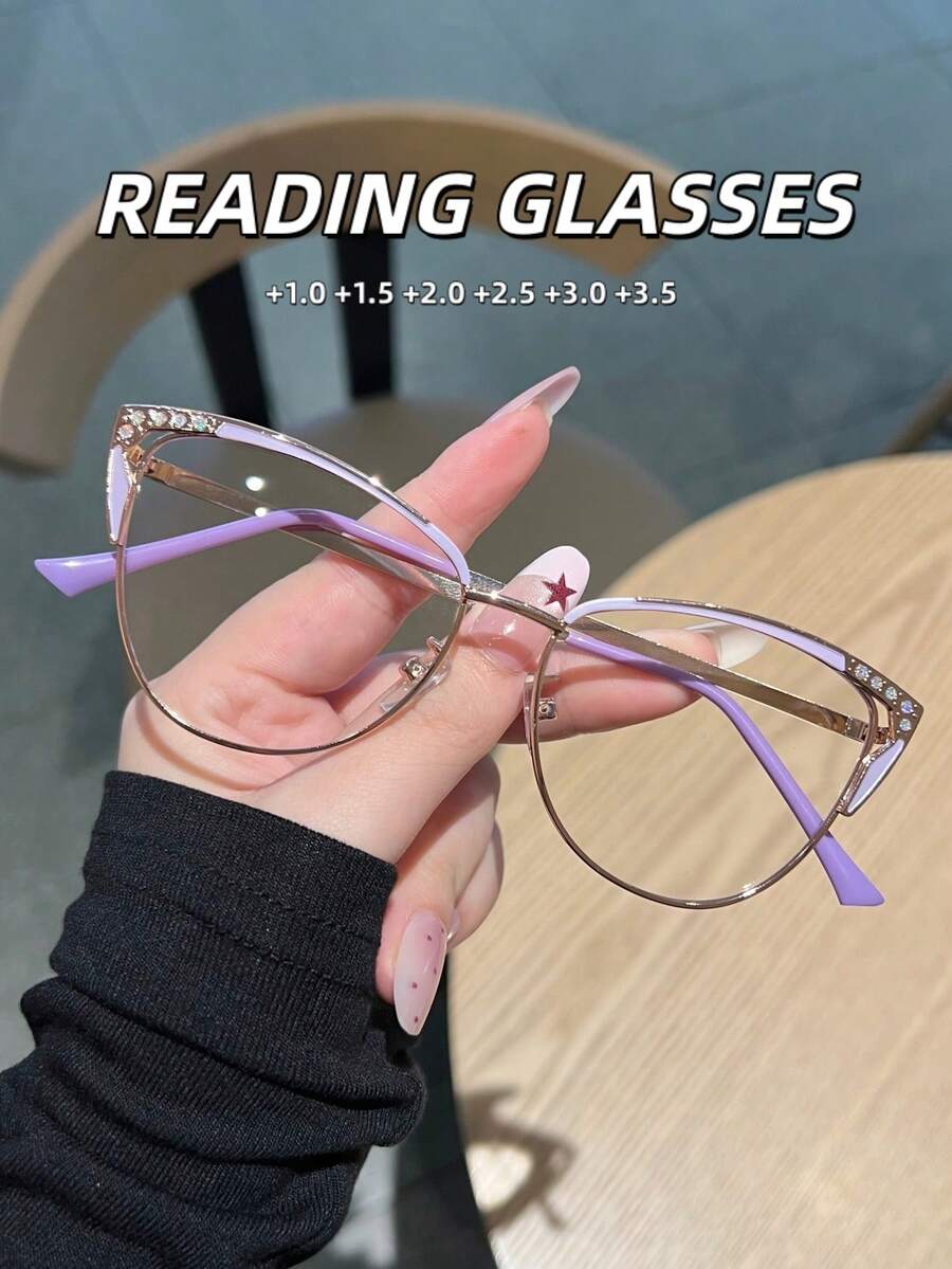 1PC Women's New High Definition Rhinestone Cat Eye Reading Glasses, Versatile Casual Daily Use For Computer, Reading, Gaming, Available In 100, 150, 200, 250, 300, 350, 400 Degrees - Transparent - View 1