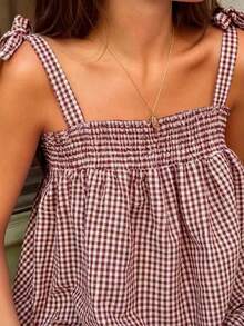 Casual Solid Color Plaid Camisole Top, Versatile For Picnic, Travel, Beach, Relaxed Fit Summer, For Women - Burgundy - View 4