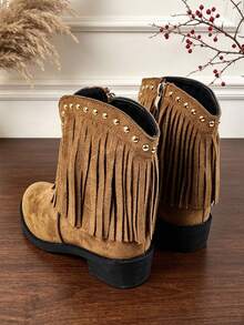1 Pair Kids Western Style Fringe Ankle Boots, Rivet Decor Side Zipper Cowboy Boots, Children's Outfit Boots For Travel And Holiday Party Looks - Brown - View 7