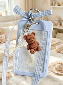 Card Holder With Sliding Mesh Shoulder Strap And Faux Pearl Pendant, Decorated With Cute Brown Bear Charm, Detachable And Erasable Sliding Cover, Student Campus Card/Meal Card Protector, With Pearl Bow Keychain, Durable Transparent Card Holder With ID Window And Card Slot, Campus Card, ID Card, Transit Card Holder, DIY Keychain Charm, Bank Card Holder, Birthday Gift, Holiday Souvenir, Back To School Gift, Graduation Gift, Travel Essential - Multicolor - View 12