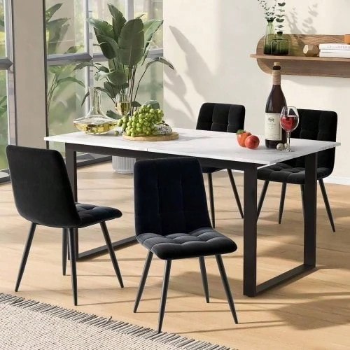 طقم طاولة الطعام (طقم، طاولة طعام 140/180*80*75 سم مع 4 كراسي)، طقم طاولة مطبخ حديث، كراسي طعام من المخمل الأسود، سطح طاولة من MDF باللون الأبيض، أرجل طاولة سوداء - أبيض - مشاهدة 1
