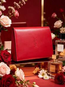Yves Saint Laurent YSL Red Envelope‑Shape Makeup Pouch, Debossed Embossed Logo Faux Leather Fold‑Over Clutch Portable Travel Cosmetic Storage Bag Women Beauty Gift YSL‑GIFT‑176 - Red - View 1