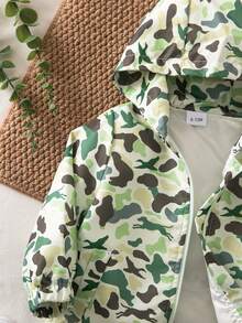 1pc Baby Boy Vintage Casual Sporty Print Long Sleeve Hooded Jacket, Thin For Spring And Autumn - Green - View 5