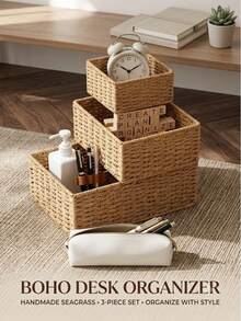 Handwoven Wicker Desktop Storage Box, Bohemian Style Decorative Wicker Storage Basket, Suitable For Bathroom Countertop, Bedroom, Kitchen And Office, Woven Tray, Can Store Cosmetics And Miscellaneous Items - Multicolor - View 5