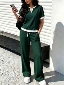 春秋女款新款休閒百搭拼色V領短袖上衣與高腰抽繩直筒長褲2件套 優雅夏季 - 墨綠37+米白 - 查看 5