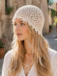 1pc Women's Spring Summer Autumn Knitted Hat, Vintage Handmade Hollow Crochet Pearl Tassel Beanie, Atmospheric Versatile Knitted Hat, Niche Personalized Lace Hat, Suitable For Outfit, Photography, Travel, Daily Use - Beanie - View 6