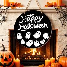 1 Peça Placa de Porta Redonda Preta "Feliz Halloween" de Madeira com Fantasma Pendurado - Decorada com Padrões Fofos de Fantasma e Morcego; Adequada para Decorar Porta da Frente ou Parede para Criar Atmosfera Festiva, Decoração Divertida para Festa em Casa e Varanda - multicolorido - Visão 2