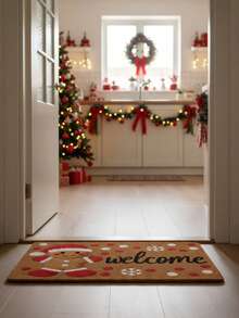 1pc Gingerbread Man Welcome Doormat, Holiday Non-Slip Indoor/Outdoor Entrance Carpet With Christmas Hat & Snowflake Pattern, Soft Floor Mat For New Year Party Decoration, Home Decor, Best Choice For Christmas - A - View 2