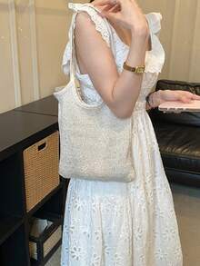 Shiny Sequin Embellished Transparent Mesh Wrap Large Capacity Open-Top Lightweight Soft Versatile Ins French Chic Shoulder Bag For Work Shopping And Dating - Beige - View 7