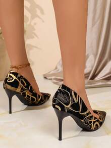 Commuter Style Black & Gold Abstract Graffiti Pointed Toe Luxury Gilded Artistic Line Elegant Versatile Thin Super High Heel Pumps For Women - Black and Gold - View 5
